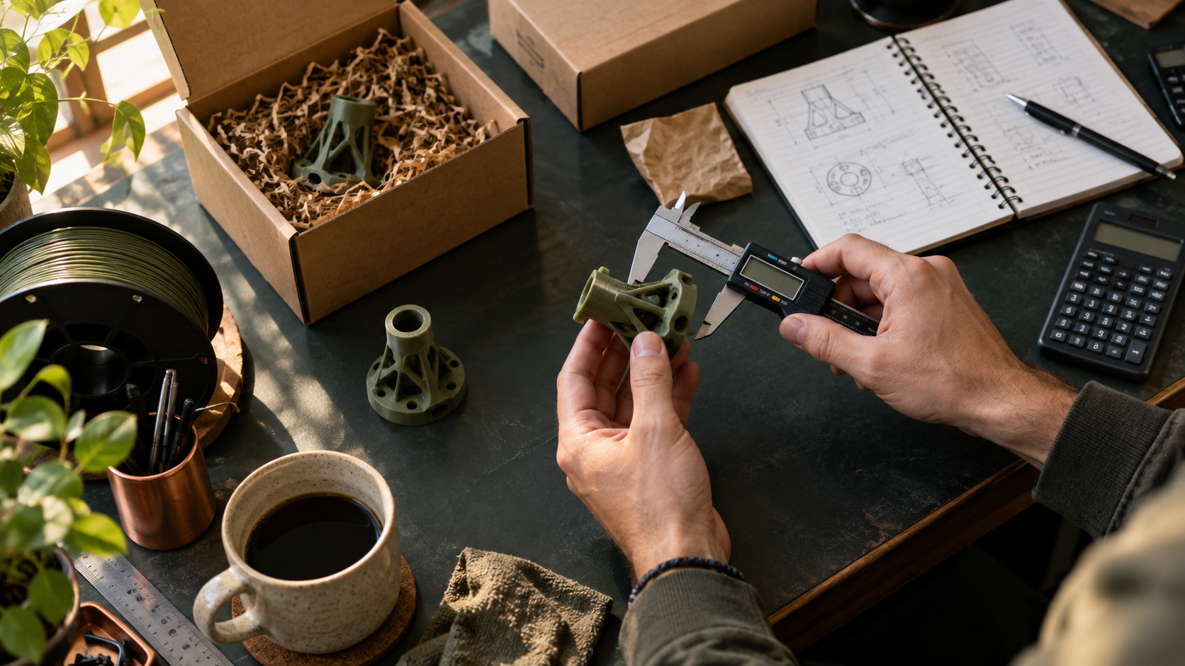 Tools and a finished printed part on a pricing workbench